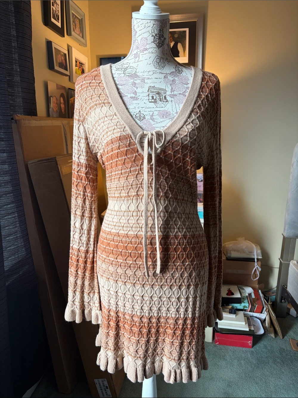 NWOT Ramy Brook Knit Tie-Front Long-Sleeve Ombre Sweater Dress in Beige and Rust